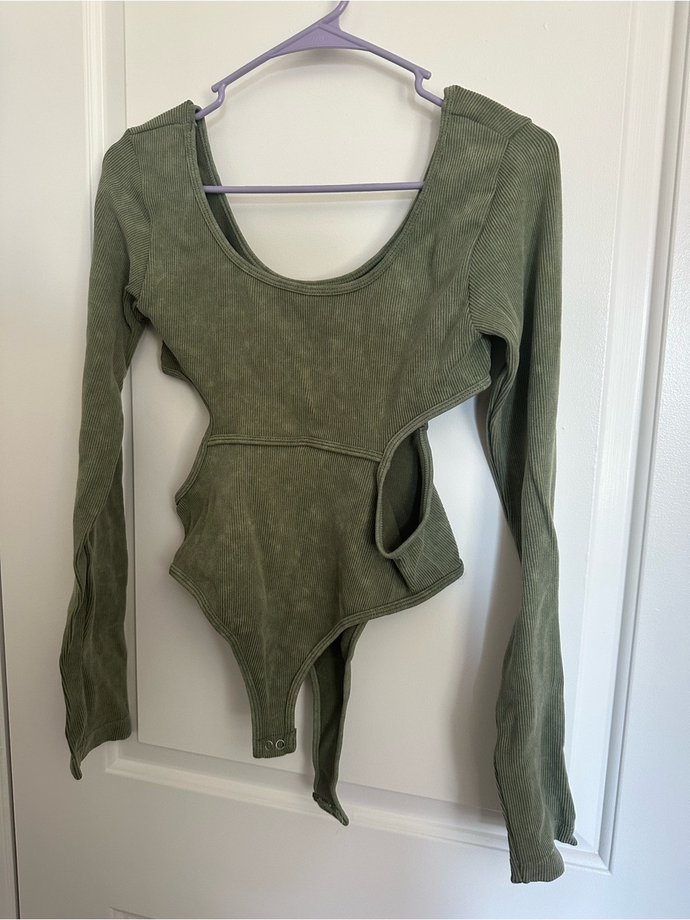 Olive Green Long Sleeve Cutout Ribbed Bodysuit